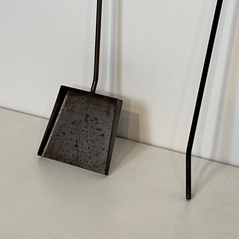 Modernist Brushed Steel and Brass Fireplace Companion Set, French circa 1970