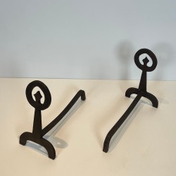 Pair of Modernist Blackened Iron Andirons with Ring Finials and Tripod Bases, French circa 1970
