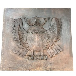 Large Modernist Cast Iron Fireback with Spread-Wing Owl, Signed Lucas, Foundry Stern, circa 1970