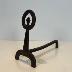 Pair of Modernist Blackened Iron Andirons with Ring Finials and Tripod Bases, French circa 1970