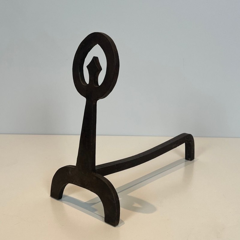 Pair of Modernist Blackened Iron Andirons with Ring Finials and Tripod Bases, French circa 1970