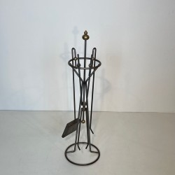 Modernist Brushed Steel and Brass Fireplace Companion Set, French circa 1970