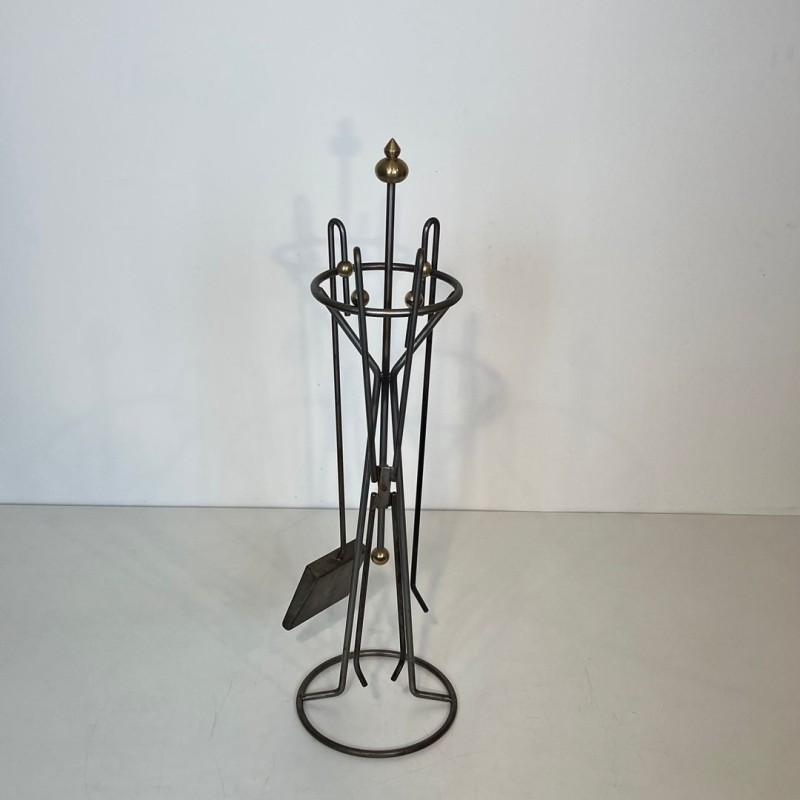 Modernist Brushed Steel and Brass Fireplace Companion Set, French circa 1970