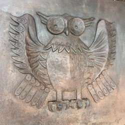 Large Modernist Cast Iron Fireback with Spread-Wing Owl, Signed Lucas, Foundry Stern, circa 1970