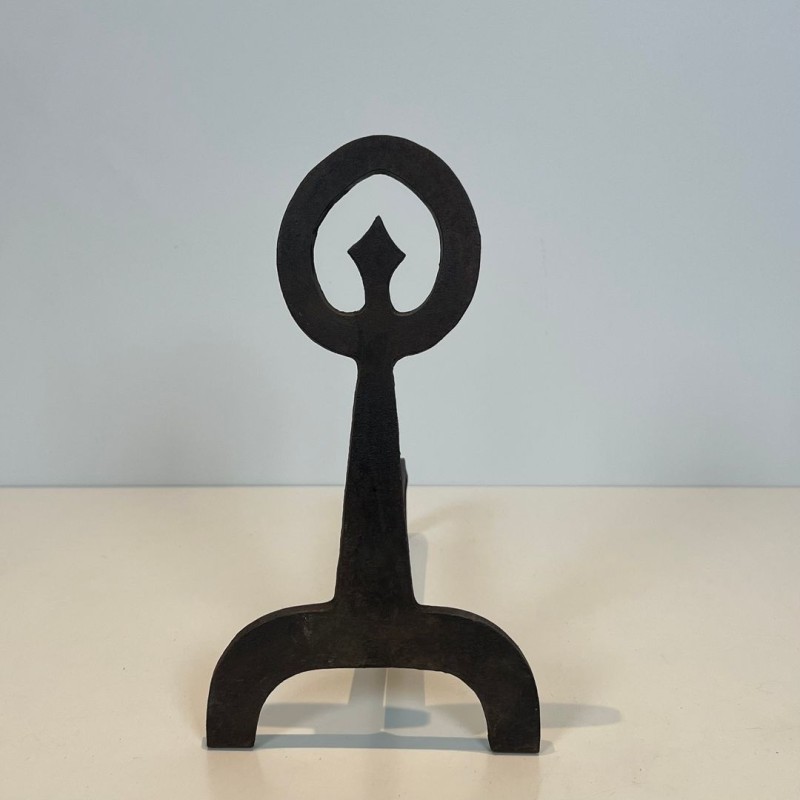 Paire de Chenets Modernistes en Fer Forgé Noirci à Anneaux et Bases Tripodes, vers 1970