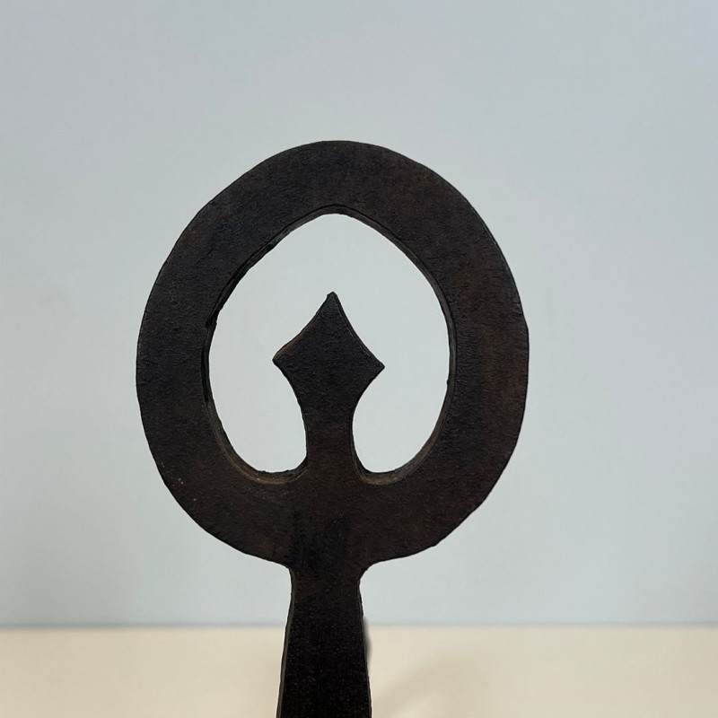 Paire de Chenets Modernistes en Fer Forgé Noirci à Anneaux et Bases Tripodes, vers 1970