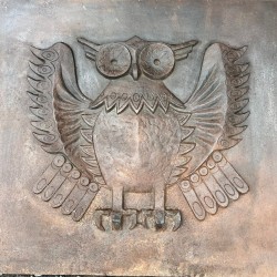 Large Modernist Cast Iron Fireback with Spread-Wing Owl, Signed Lucas, Foundry Stern, circa 1970