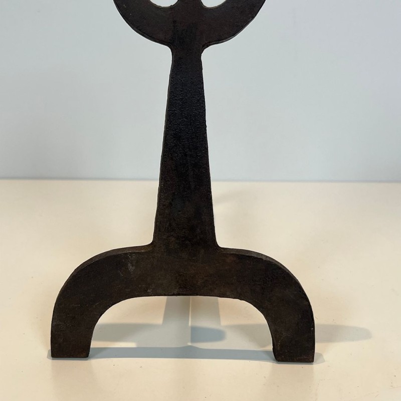 Paire de Chenets Modernistes en Fer Forgé Noirci à Anneaux et Bases Tripodes, vers 1970