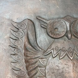 Large Modernist Cast Iron Fireback with Spread-Wing Owl, Signed Lucas, Foundry Stern, circa 1970