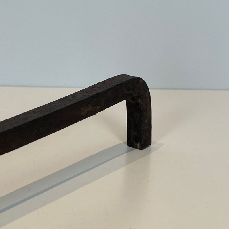 Pair of Modernist Blackened Iron Andirons with Ring Finials and Tripod Bases, French circa 1970