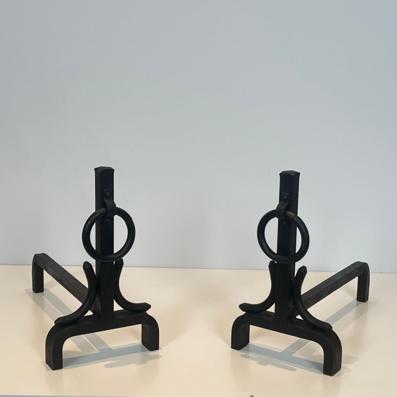 Pair of Modernist Wrought Iron Andirons with Ring Finials, in the Style of Jacques Adnet, circa 1950