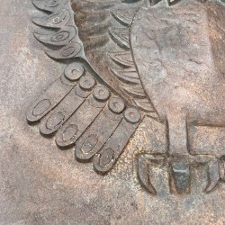 Large Modernist Cast Iron Fireback with Spread-Wing Owl, Signed Lucas, Foundry Stern, circa 1970