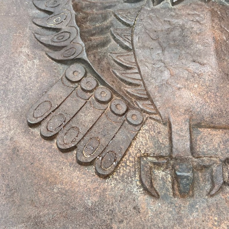 Large Modernist Cast Iron Fireback with Spread-Wing Owl, Signed Lucas, Foundry Stern, circa 1970