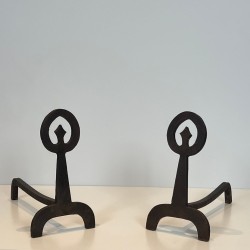 Paire de Chenets Modernistes en Fer Forgé Noirci à Anneaux et Bases Tripodes, vers 1970