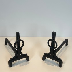 Paire de Chenets Modernistes en Fer Forgé à Anneaux dans le Goût de Jacques Adnet, vers 1950