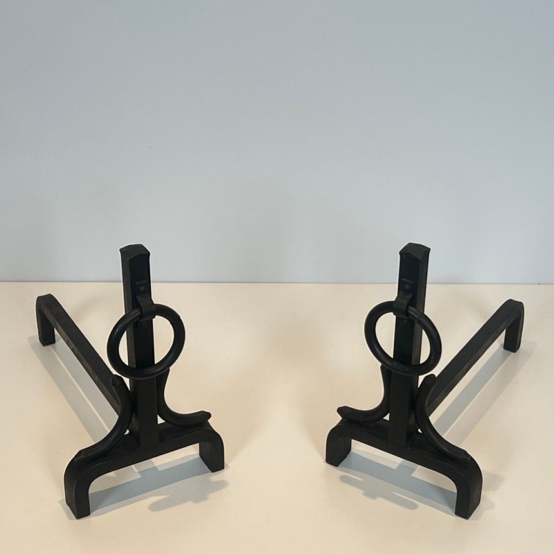 Paire de Chenets Modernistes en Fer Forgé à Anneaux dans le Goût de Jacques Adnet, vers 1950