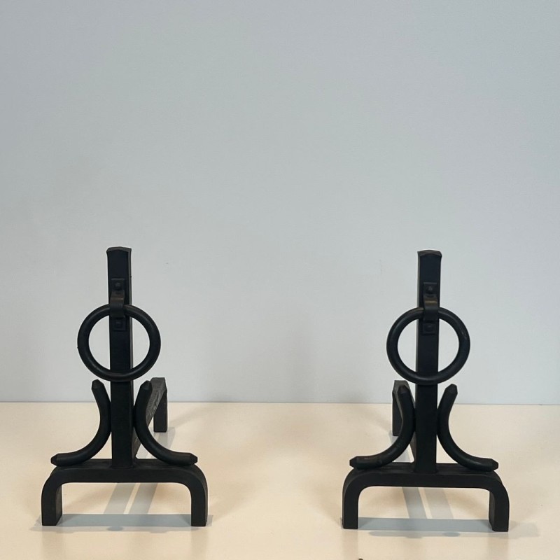 Paire de Chenets Modernistes en Fer Forgé à Anneaux dans le Goût de Jacques Adnet, vers 1950