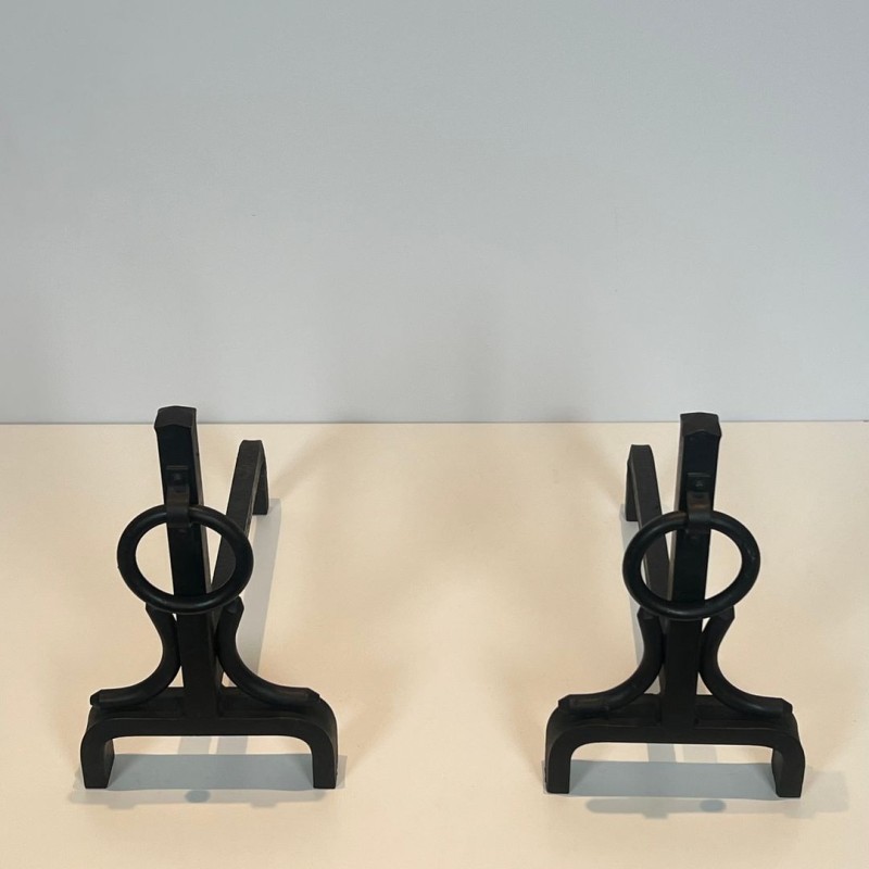 Paire de Chenets Modernistes en Fer Forgé à Anneaux dans le Goût de Jacques Adnet, vers 1950