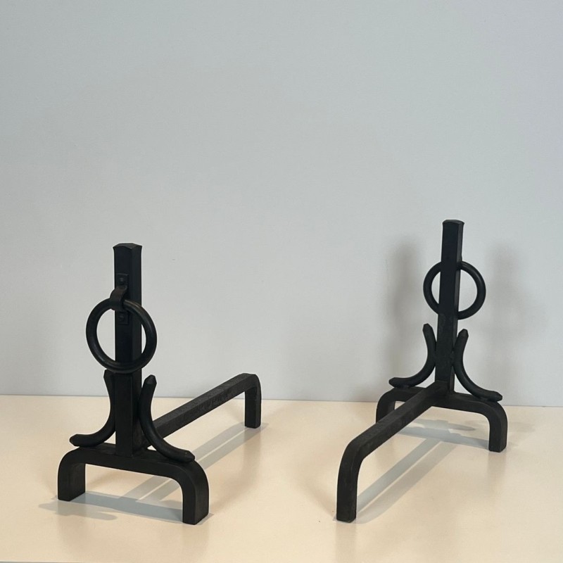 Pair of Modernist Wrought Iron Andirons with Ring Finials, in the Style of Jacques Adnet, circa 1950