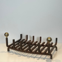 Wrought Iron and Brass Log Holder with Ball Finials, French circa 1970