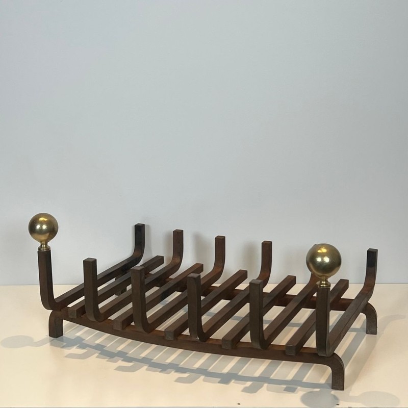 Wrought Iron and Brass Log Holder with Ball Finials, French circa 1970
