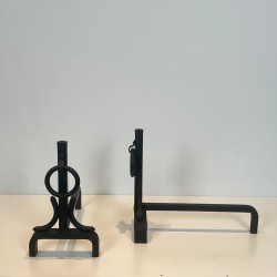 Pair of Modernist Wrought Iron Andirons with Ring Finials, in the Style of Jacques Adnet, circa 1950