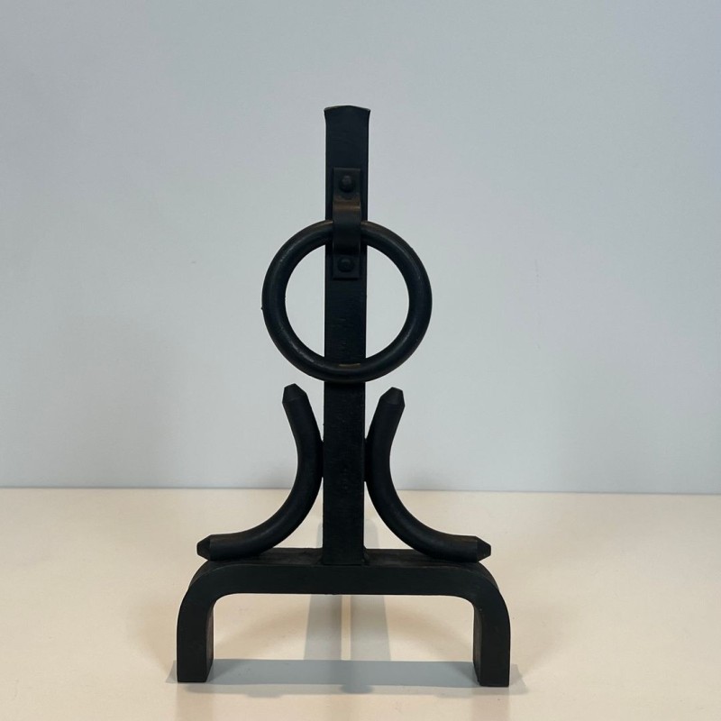 Pair of Modernist Wrought Iron Andirons with Ring Finials, in the Style of Jacques Adnet, circa 1950