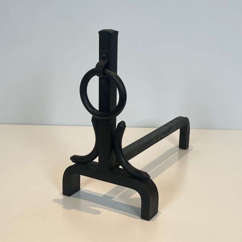 Paire de Chenets Modernistes en Fer Forgé à Anneaux dans le Goût de Jacques Adnet, vers 1950