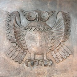 Large Modernist Cast Iron Fireback with Spread-Wing Owl, Signed Lucas, Foundry Stern, circa 1970
