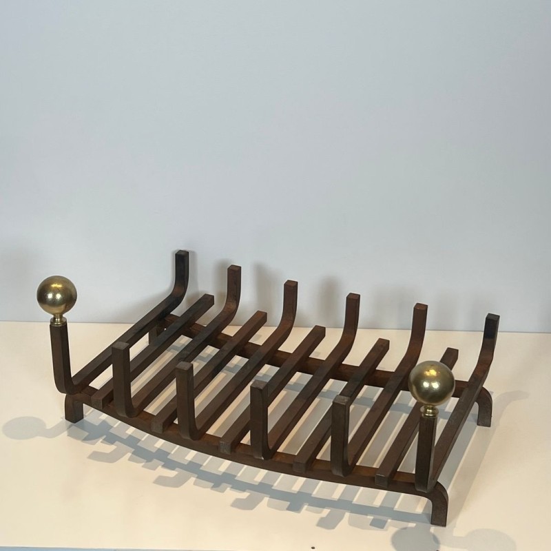 Porte-Bûches Corbeille en Fer Forgé et Laiton à Boules, vers 1970