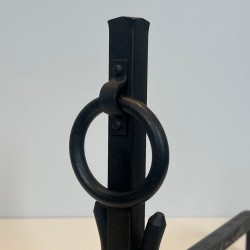 Pair of Modernist Wrought Iron Andirons with Ring Finials, in the Style of Jacques Adnet, circa 1950