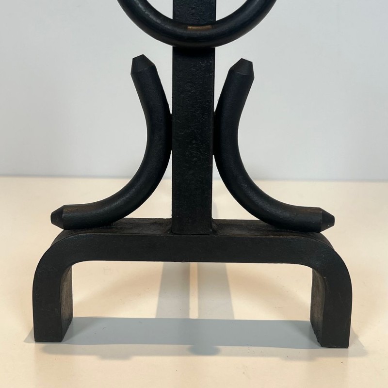 Paire de Chenets Modernistes en Fer Forgé à Anneaux dans le Goût de Jacques Adnet, vers 1950