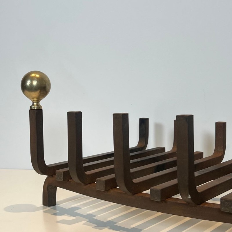 Porte-Bûches Corbeille en Fer Forgé et Laiton à Boules, vers 1970