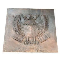 Large Modernist Cast Iron Fireback with Spread-Wing Owl, Signed Lucas, Foundry Stern, circa 1970