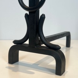 Pair of Modernist Wrought Iron Andirons with Ring Finials, in the Style of Jacques Adnet, circa 1950