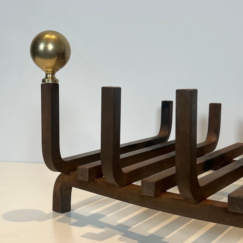 Wrought Iron and Brass Log Holder with Ball Finials, French circa 1970