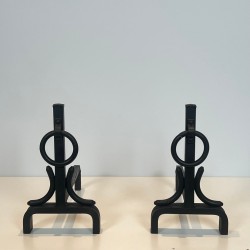 Paire de Chenets Modernistes en Fer Forgé à Anneaux dans le Goût de Jacques Adnet, vers 1950