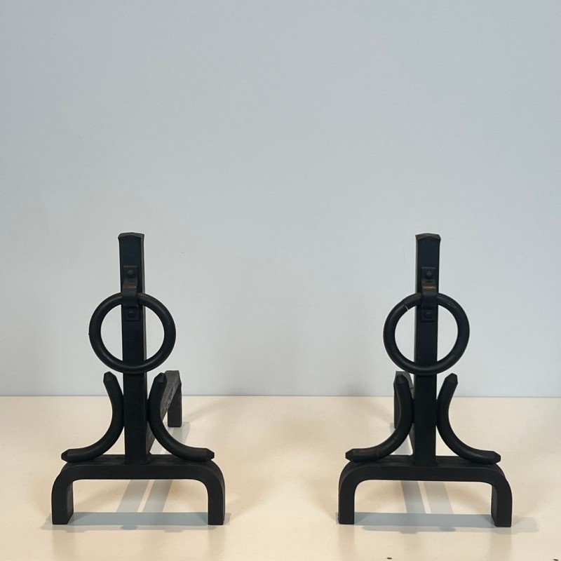 Paire de Chenets Modernistes en Fer Forgé à Anneaux dans le Goût de Jacques Adnet, vers 1950
