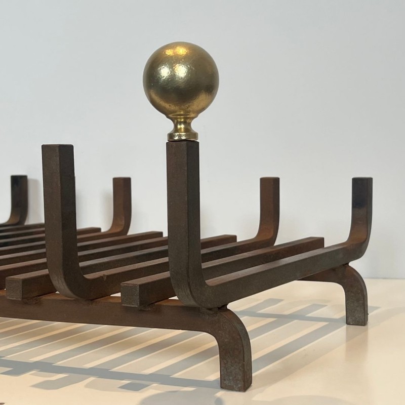 Porte-Bûches Corbeille en Fer Forgé et Laiton à Boules, vers 1970