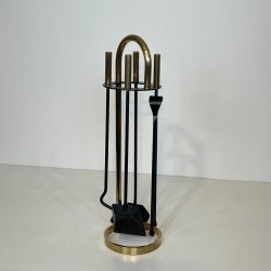 Black Lacquered Steel and Brass Modernist Fireplace Companion Set, French circa 1970