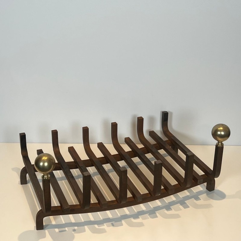 Porte-Bûches Corbeille en Fer Forgé et Laiton à Boules, vers 1970