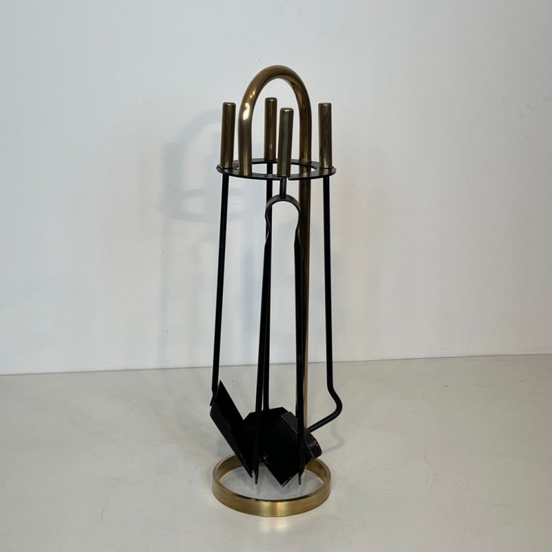 Black Lacquered Steel and Brass Modernist Fireplace Companion Set, French circa 1970