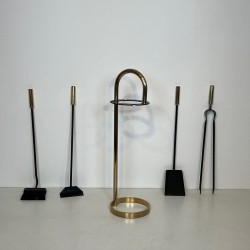 Black Lacquered Steel and Brass Modernist Fireplace Companion Set, French circa 1970
