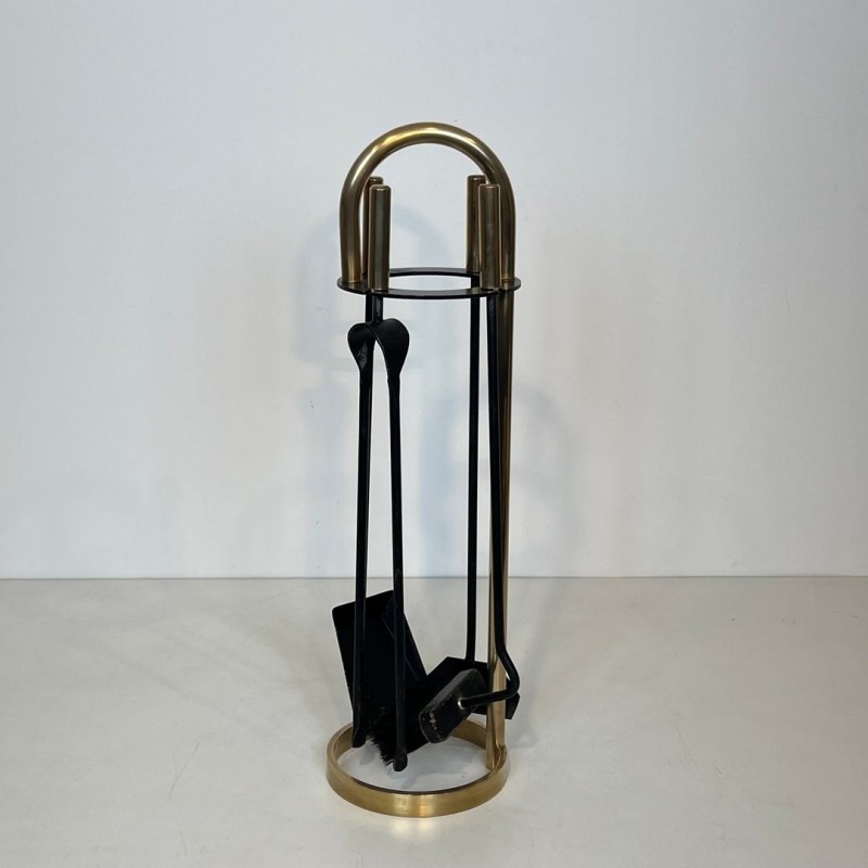 Black Lacquered Steel and Brass Modernist Fireplace Companion Set, French circa 1970