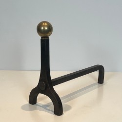 Pair of Modernist Steel and Brass Ball Finial Andirons by Jacques Adnet, French circa 1940