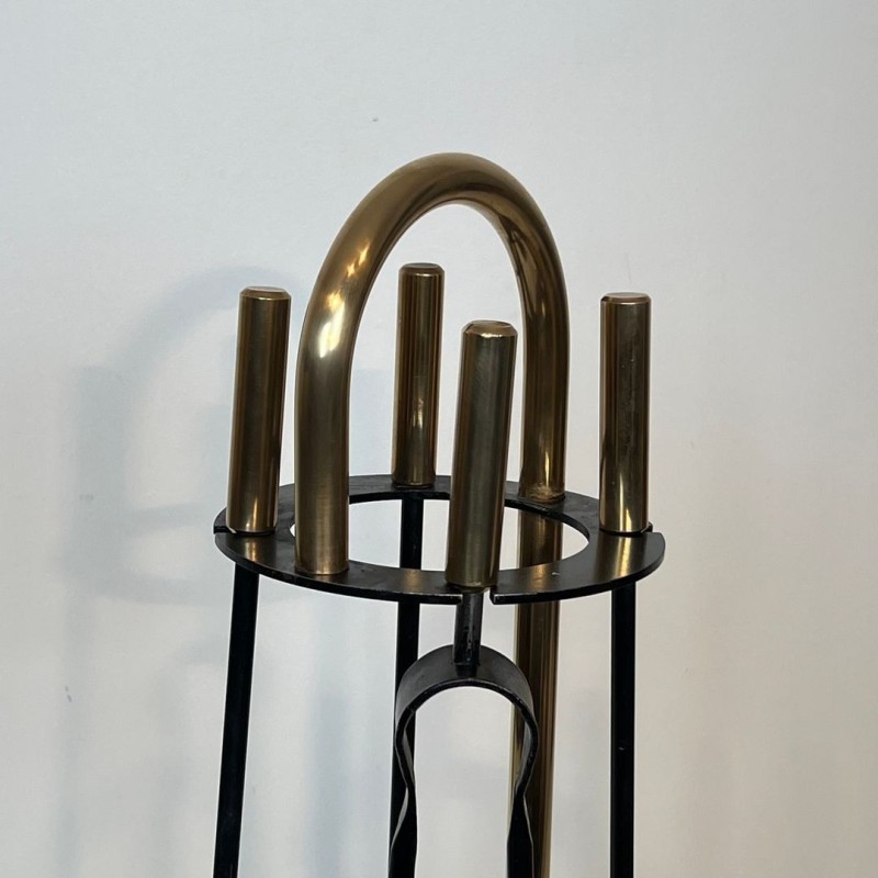 Black Lacquered Steel and Brass Modernist Fireplace Companion Set, French circa 1970