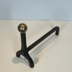 Pair of Modernist Steel and Brass Ball Finial Andirons by Jacques Adnet, French circa 1940