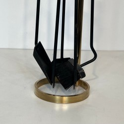 Black Lacquered Steel and Brass Modernist Fireplace Companion Set, French circa 1970