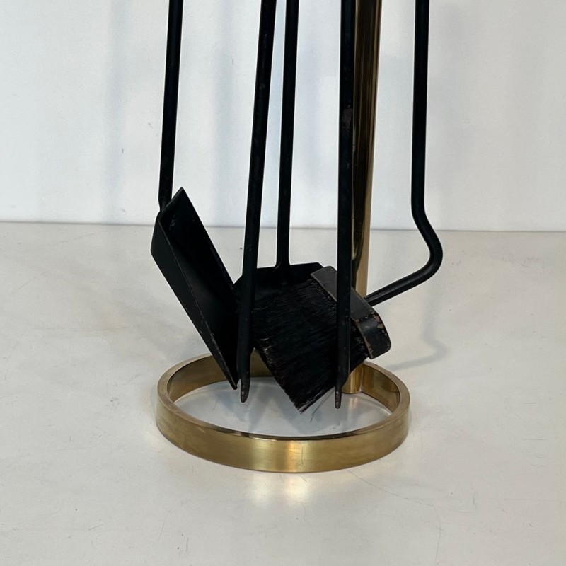 Black Lacquered Steel and Brass Modernist Fireplace Companion Set, French circa 1970