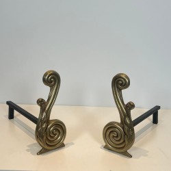 Pair of Louis XVI Style Bronze Andirons with Volute Uprights, Signed Armor Din, French circa 1940